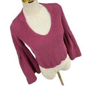 Free People Sweater XS Mauve Boho Chunky Knit V Neck Cropped Balloon Sleeve